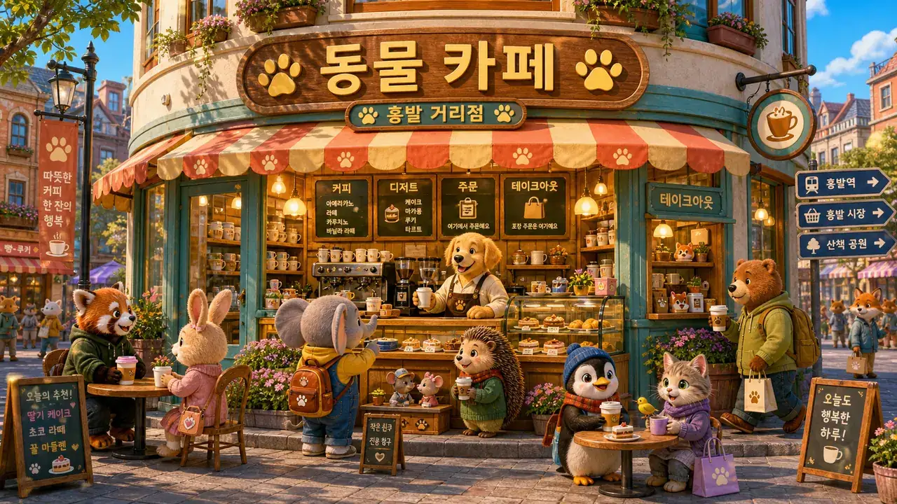 金毛店员经营的街角咖啡吧,柜台有咖啡机和点心柜,屋檐旁挂着杯子招牌
