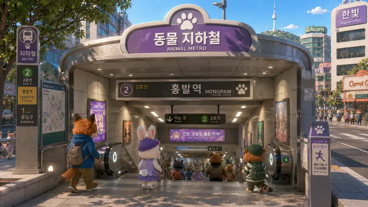 爪爪线地铁入口的路线图、LUMI PAW 海报和通往地下的扶梯