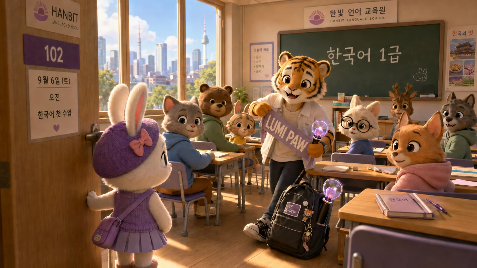 A classroom in Tori’s illustrated learning world