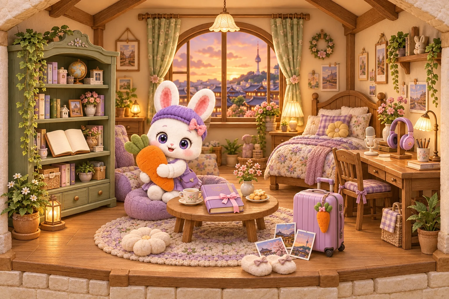 夕阳照进兔莉的温暖小屋,书架、日记、耳机和行李箱陪在兔莉身边。